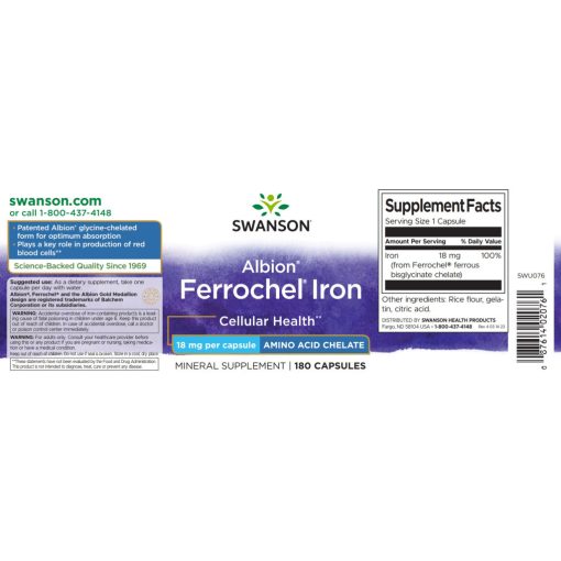 Swanson Ferrochel Iron 18mg 180 kapszula vas-biszglicinát-kelát