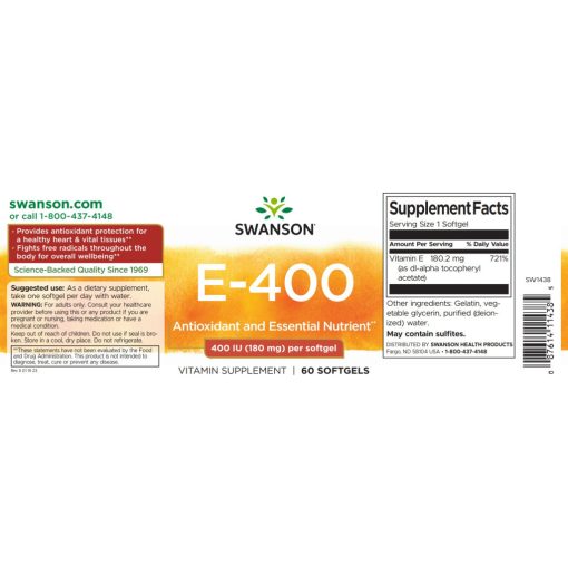 Swanson E-400 vitamin 180mg 60 kapszula d-alfa-tokoferol-acetát