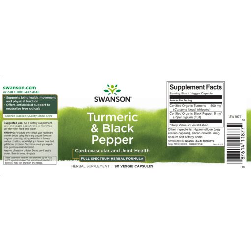 Swanson Turmeric&Black Pepper (Kurkuma+ feketebors) 90 növényi kapszula