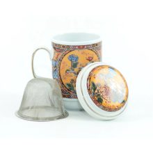Porcelán teásbögre 330ml BIG TEA 4 féle mintával, peremes tetővel + fém szűrővel