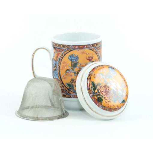 Porcelán teásbögre 330ml BIG TEA 4 féle mintával, peremes tetővel + fém szűrővel