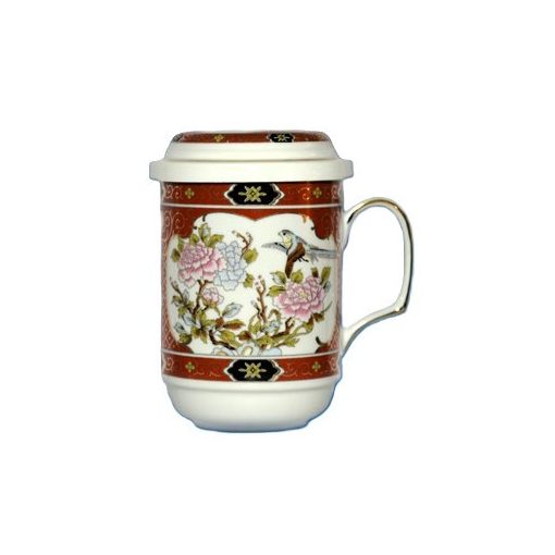 Porcelán teásbögre 330ml BIG TEA 4 féle mintával, peremes tetővel + fém szűrővel