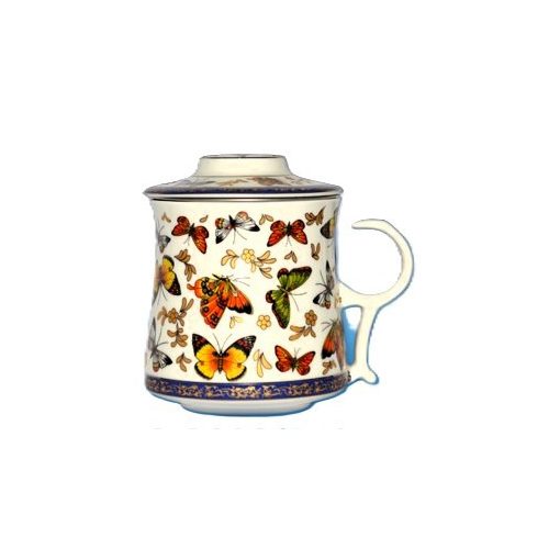 Porcelán teásbögre 260ml MINGXIN 4 féle mintával, kúpos tetővel és fém szűrővel
