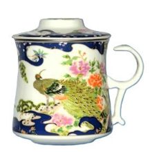 Porcelán teásbögre 260ml MINGXIN 4 féle mintával, kúpos tetővel és fém szűrővel