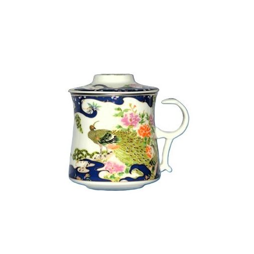 Porcelán teásbögre 260ml MINGXIN 4 féle mintával, kúpos tetővel és fém szűrővel