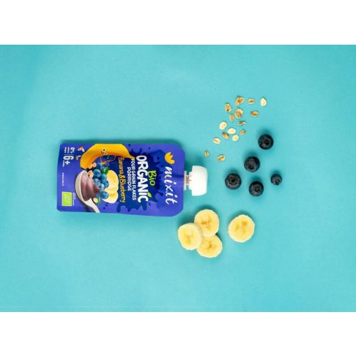 Mixit BIO gyümölcspüré 110g - Banán és áfonya bébiétel