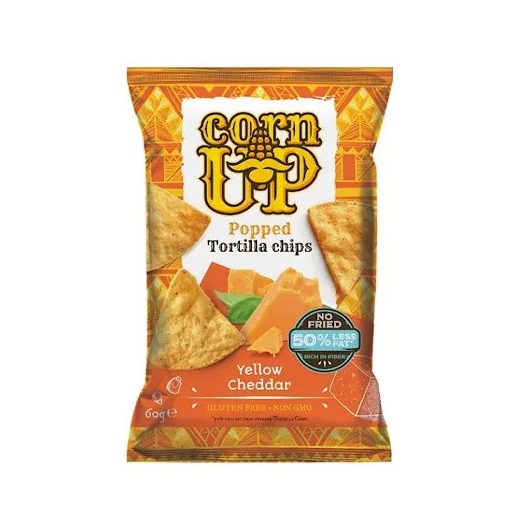 Corn Up!Teljes kiörlésű sárga kukorica Tortilla Chips Cheddar sajt ízesítéssel (60g)