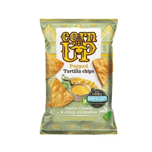 Corn Up!Teljes kiörlésű sárga kukorica Tortilla Chips Nacho Sajt és Jalapeno Ízesítéssel (60g)